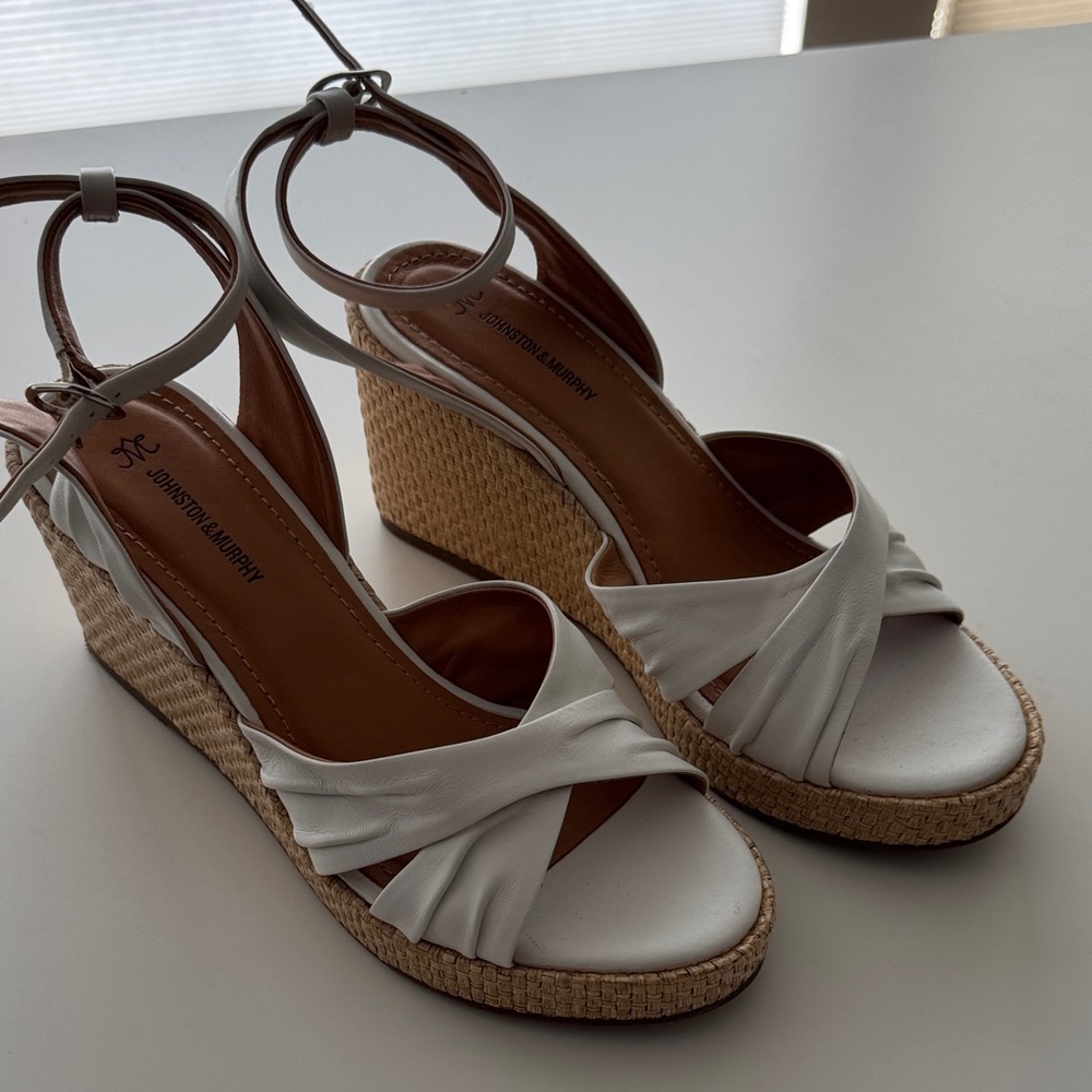 Johnston & Murphy White Leather Wedge Sandals with Ankle Strap